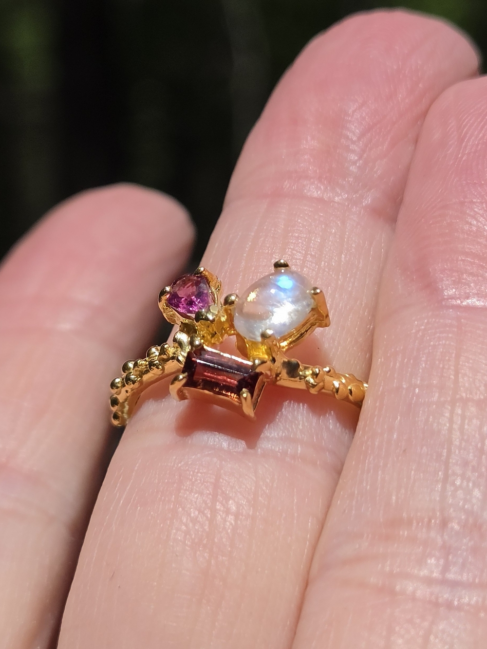 Moonstone Garnet & Rhodolite Sterling & Gold Ring Sz6.5